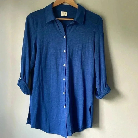 Soma Size M Blue 3/4” Sleeve Slub Collar Button Down Modal Blouse Tee Top - Picture 3 of 8